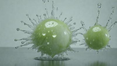 The primary subject of the image is a close-up of two green apples, each with a bubble of water on top. The apples are placed on a table, and the setting appears to be a kitchen or dining area. The visual style of the image is a close-up, which emphasizes the details of the apples and the water bubbles. The colors of the apples are predominantly green, and the overall atmosphere of the image is fresh and natural.