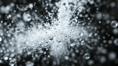 The primary subject of the image is a close-up of a water droplet, which appears to be a water bubble. The setting is a dark background, which contrasts with the brightness of the water droplet. The visual style is a black and white photo, giving the image a classic and timeless appearance. The colors and mood of the image are predominantly black and white, with the water droplet being the focal point and the dark background providing a sense of depth and contrast.