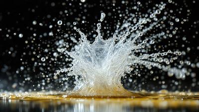 The primary subject of the image is a splash of water, which appears to be a frothy, foamy wave. The setting is a dark background, which contrasts with the bright, white, and clear water. The visual style is a close-up of the water splash, showcasing the details of the foam and the water droplets. The colors and mood of the image are predominantly white and bright, creating a sense of energy and movement.