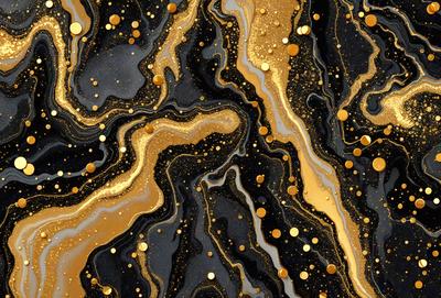 The primary subject of the image is a close-up of a black and gold patterned surface, which appears to be a marbled or textured material. The setting is a dark background, which contrasts with the gold and black pattern. The visual style is a combination of a photo and digital art, creating a unique and intricate design. The colors and mood of the image are predominantly dark, with the gold and black pattern providing a sense of depth and contrast.