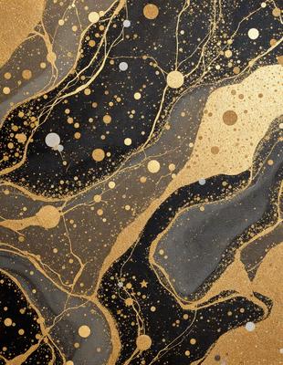 The primary subject of the image is a painting featuring a gold background with black and gold swirls. The setting is a canvas, and the visual style is a painting. The dominant colors are gold and black, creating a rich and luxurious atmosphere.