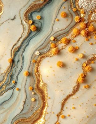 The primary subject of the image is a marble table with a gold and blue pattern. The setting is a table with a marble surface, and the visual style is a combination of photo and digital art. The colors and mood of the image are predominantly gold, blue, and white, creating a luxurious and elegant atmosphere.