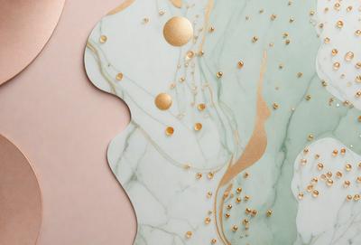 The primary subject of the image is a marble-like surface with gold and pink accents. The setting is a room with a pink wall, and the visual style is a combination of digital art and illustration. The colors and mood of the image are warm and inviting, with the gold and pink accents adding a touch of luxury and elegance.