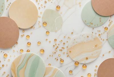 The primary subject of the image is a marble table with a variety of circles and round objects on it. The setting is a white marble table, and the visual style appears to be a combination of photo and digital art. The colors and mood of the image are predominantly white and neutral, with a touch of gold from the marble and the circles.