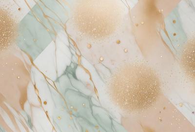 The primary subject of the image is a marble-like surface with gold and brown colors. The setting is a bathroom, and the visual style is a combination of a photo and digital art. The dominant colors and overall atmosphere are warm and luxurious.