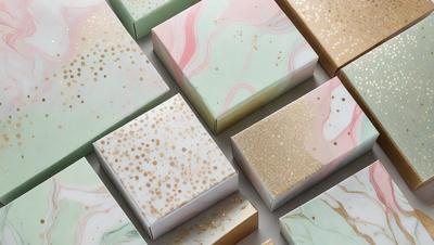 The image features a collection of boxes with various colors and patterns. The boxes are arranged in a visually appealing manner, creating an interesting and colorful display. The primary subject of the image is the assortment of boxes, showcasing their unique designs and colors. The setting is a table, providing a clean and uncluttered surface for the boxes to be placed on. The visual style of the image is a combination of photo and digital art, resulting in a vibrant and eye-catching presentation. The colors and