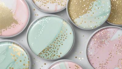 The primary subject of the image is a collection of six different colored glittery containers, each with a unique design. The setting is a white surface, and the visual style appears to be a combination of photo and digital art. The colors and mood of the image are vibrant and lively, with the glittery containers adding a touch of sparkle and excitement to the scene.