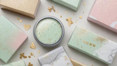 The primary subject of the image is a jar of makeup, which is placed on a table. The setting is a white table, and the visual style is a close-up of the jar. The colors and mood of the image are predominantly white, with gold accents, giving it a clean and elegant appearance.