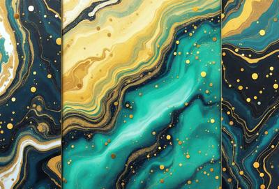 The primary subject of the image is a painting featuring a blue and yellow background with a gold-colored border. The setting is a canvas, and the visual style is a painting. The dominant colors are blue, yellow, and gold, creating a vibrant and lively atmosphere.