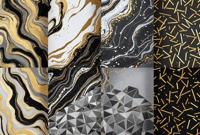 The image features a collection of four different patterns, each showcasing a unique design. The patterns are displayed in a visually appealing manner, with each pattern occupying a separate section of the image. The primary subject of the image is the patterns, which are the main focus of the image. The setting is a black and white background, which contrasts with the patterns and adds a sense of depth and contrast to the image. The visual style of the image is a combination of digital art and illustration, creating a modern and artistic