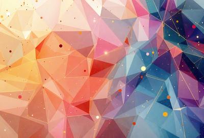 The primary subject of the image is a colorful, geometric pattern. The setting is a brightly colored, abstract background. The visual style is a combination of digital art and illustration. The dominant colors are pink, blue, and orange, creating a vibrant and lively atmosphere.