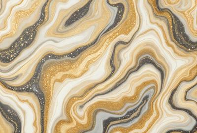 The primary subject of the image is a marble-like pattern with gold and black colors. The setting is a wall, and the visual style appears to be a combination of a photo and a digital art or illustration. The dominant colors are gold and black, creating a luxurious and elegant atmosphere.