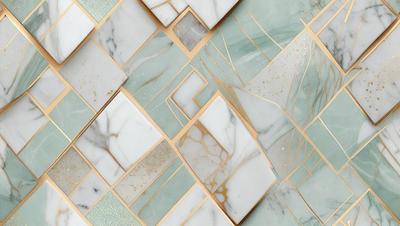 The primary subject of the image is a marble tile with a gold border. The setting is a bathroom, and the visual style is a combination of a photo and digital art. The dominant colors are white and gold, creating a luxurious and elegant atmosphere.