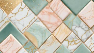 The primary subject of the image is a mosaic tile with a marbled pattern. The setting is a wall, and the visual style is a combination of photo and digital art. The colors and mood of the image are predominantly pink, white, and gold, creating a warm and elegant atmosphere.