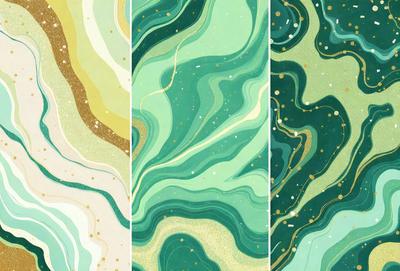 The image consists of three different sections, each showcasing a unique design. The first section features a green and gold color scheme, with a patterned background. The second section displays a blue and gold color palette, with a more intricate design. The third section showcases a green and gold color scheme, with a more abstract pattern. The overall atmosphere of the image is vibrant and visually appealing.