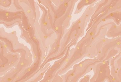 The primary subject of the image is a patterned wallpaper with a gold and pink color scheme. The setting is a room with a pink background, and the visual style is a combination of digital art and illustration. The colors and mood of the image are warm and inviting, creating a cozy and elegant atmosphere.