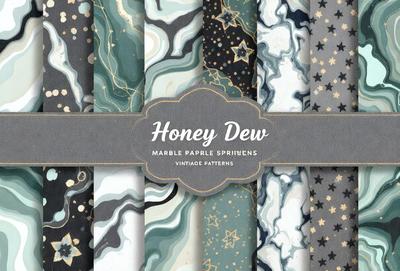 The primary subject of the image is a collection of marble paper sprinkles. The setting is a display of these sprinkles, showcasing their various colors and patterns. The visual style is a vintage pattern, giving the image a nostalgic and charming appearance. The dominant colors are shades of blue, green, and white, creating a calming and soothing atmosphere.