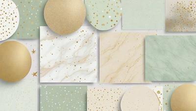 The primary subject of the image is a collection of various marble textures and patterns. These textures are displayed in a variety of colors, including white, green, and gold. The setting is a white background, which provides a clean and minimalist appearance. The visual style is a combination of digital art and illustration, showcasing the intricate details of the marble patterns. The colors and mood of the image are predominantly neutral and elegant, with the gold and white tones adding a touch of sophistication