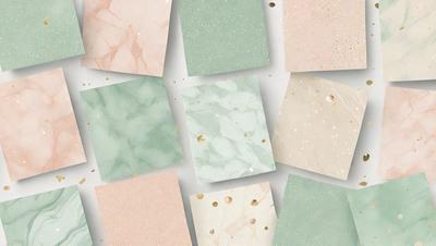 The primary subject of the image is a collection of various colored papers, including green, pink, and white. These papers are arranged in a visually appealing manner, creating a sense of harmony and balance. The setting is a white background, which provides a clean and uncluttered environment for the papers to stand out. The visual style of the image is a combination of digital art and illustration, as the papers are presented in a way that resembles a collage or a series of paintings. The colors and m