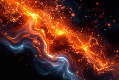 Primary subject: A bright, colorful, and swirling light effect.

Setting/background: A dark background, possibly a night sky.

Visual style: Digital art or illustration.

Colors and mood: The colors are predominantly orange and blue, creating a vibrant and energetic atmosphere.