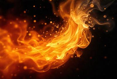 The primary subject of the image is a flame, which is the main object, scene, or focus of the image. The setting or background is a dark, possibly black, surface. The visual style of the image is a digital art or illustration, as it appears to be a digital representation of a flame. The colors and mood of the image are predominantly orange, which gives it a warm and vibrant atmosphere.