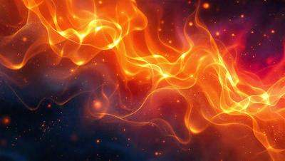 The primary subject of the image is a bright, colorful, and swirling pattern of orange and yellow lights. The setting is a dark background, which contrasts with the vibrant colors of the lights. The visual style appears to be a digital art or illustration, as the lights are depicted in a swirling and dynamic manner. The dominant colors are orange and yellow, creating a warm and lively atmosphere.