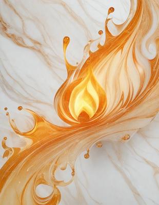 The primary subject of the image is a yellow flame, which is the main focus of the scene. The setting is a white marble surface, which serves as the backdrop for the flame. The visual style of the image is a combination of photo and digital art, creating a unique and eye-catching representation of the flame. The dominant colors in the image are yellow and white, giving it a warm and inviting atmosphere.