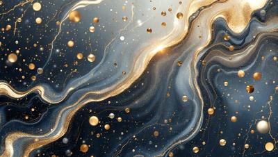 The primary subject of the image is a close-up of a blue and gold swirling pattern, which appears to be a digital art or illustration. The setting is a dark background, and the visual style is a mix of digital art and photography. The dominant colors are blue and gold, creating a rich and luxurious atmosphere.