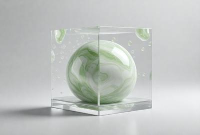The primary subject of the image is a white and green glass ball. The setting is a white background, and the visual style is a close-up of the glass ball. The colors and mood of the image are predominantly white and green, giving it a clean and fresh appearance.
