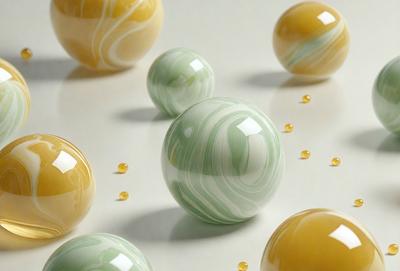 The primary subject of the image is a group of six colorful glass balls, each with a different color and pattern. They are placed on a white surface, which serves as the setting and background for the scene. The visual style of the image is a combination of photo and digital art, as it captures the vibrant colors and intricate patterns of the glass balls. The colors and mood of the image are lively and cheerful, with the various colors of the glass balls creating a visually appealing and dynamic composition.