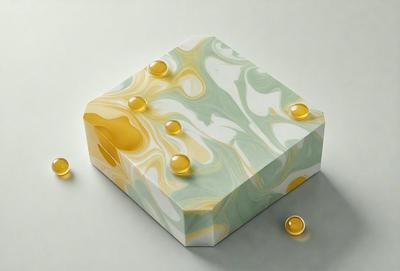 The primary subject of the image is a square-shaped box with a marbled pattern. The box is placed on a white surface, which serves as the setting or background. The visual style of the image is a combination of photo and digital art, as it appears to be a photograph of a digital art piece. The colors and mood of the image are predominantly green and yellow, giving it a warm and inviting atmosphere.