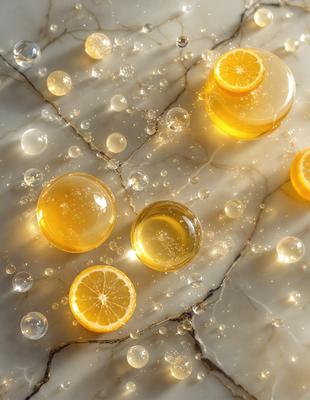 The primary subject of the image is a close-up of a group of small, round, yellow orbs, which are likely oranges, placed on a marble surface. The setting is a marble countertop, and the visual style is a close-up, possibly a photo or a digital artwork. The colors and mood of the image are bright and vibrant, with the yellow orbs standing out against the marble surface.