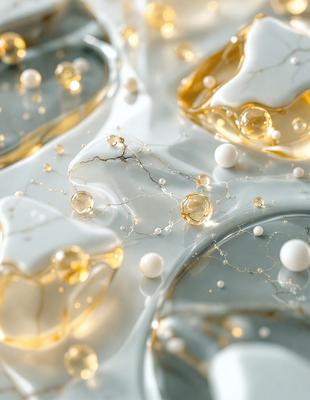 The primary subject of the image is a close-up of a white surface with a pattern of yellow and white bubbles. The setting appears to be a white table, and the visual style is a combination of photo and digital art. The dominant colors are white and yellow, creating a bright and lively atmosphere.