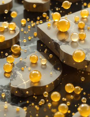 The primary subject of the image is a close-up of a marble table with a pattern of yellow bubbles on it. The setting is a black background, which contrasts with the yellow bubbles. The visual style is a combination of a photo and digital art, creating a unique and eye-catching design. The dominant colors are yellow and black, giving the image a vibrant and modern feel.