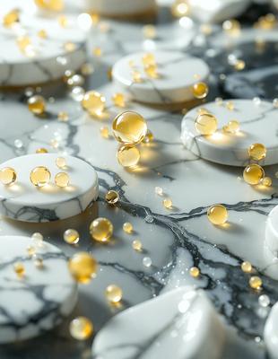 The primary subject of the image is a close-up of a marble surface with a pattern of white and yellow circles. The setting is a marble countertop, and the visual style is a photo. The dominant colors are white and yellow, creating a warm and inviting atmosphere.
