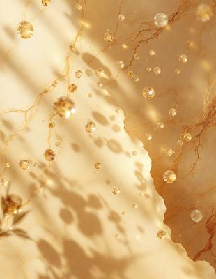The primary subject of the image is a close-up of a marble wall with a pattern of bubbles on it. The setting is a room with a sunlit surface, creating a warm and inviting atmosphere. The visual style is a combination of a photo and digital art, as the bubbles are digitally created and placed on the marble wall. The dominant colors are gold and yellow, which are present in the marble and the sunlight, creating a sense of luxury and elegance.