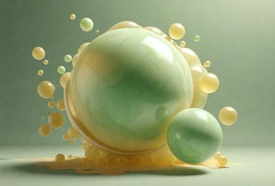 The primary subject of the image is a large, round, green ball. The setting is a white background, and the visual style appears to be a combination of photo and digital art. The colors and mood of the image are predominantly green, with a slightly yellowish tint, creating a serene and calming atmosphere.