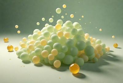 The primary subject of the image is a pile of white and yellow balls, which are scattered on a white surface. The setting appears to be a studio or a controlled environment, as the balls are arranged in a visually appealing manner. The visual style of the image is a combination of photo and digital art, creating a unique and eye-catching composition. The dominant colors in the image are white and yellow, which contribute to a bright and cheerful atmosphere.
