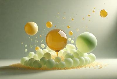 The primary subject of the image is a yellow sphere, which is surrounded by a variety of green and yellow spheres. The setting is a white background, and the visual style appears to be a combination of digital art and illustration. The colors and mood of the image are predominantly yellow and green, creating a warm and vibrant atmosphere.