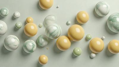 The primary subject of the image is a collection of various colored balls, including white, yellow, and green, arranged on a white background. The setting appears to be a white wall or table, and the visual style is a combination of photo and digital art. The colors and mood of the image are bright and cheerful, with the white balls contrasting against the white background.