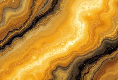 The primary subject of the image is a close-up of a yellow and brown marbled rock. The setting is a natural environment, with the rock being the main focus of the image. The visual style is a close-up, which emphasizes the intricate patterns and textures of the rock. The colors and mood of the image are warm and earthy, with the yellow and brown hues evoking a sense of natural beauty.