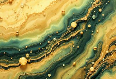 The primary subject of the image is a close-up of a blue and gold marbled surface, which appears to be a painting or a digital artwork. The setting is a colorful, swirling, and intricate design, with a mix of blue and gold colors. The visual style is a combination of painting and digital art, creating a unique and captivating artwork. The overall atmosphere is vibrant and lively, with a sense of depth and complexity in the design.
