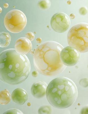 The primary subject of the image is a close-up of a green and yellow bubble, which is part of a larger group of bubbles. The setting is a green background, and the visual style appears to be a digital art or illustration. The dominant colors in the image are green and yellow, creating a lively and vibrant atmosphere.