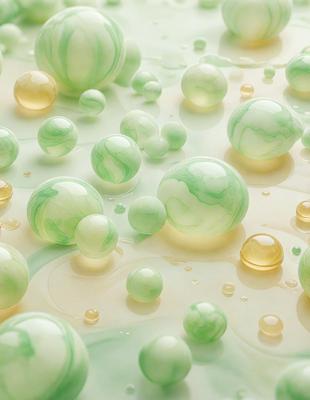 The primary subject of the image is a close-up of a green and white pattern, which appears to be a combination of bubbles and spheres. The setting is a white surface, possibly a wall or a table, with the pattern filling the majority of the space. The visual style of the image is a mix of digital art and illustration, creating a unique and eye-catching design. The dominant colors in the image are green and white, giving it a fresh and lively atmosphere.