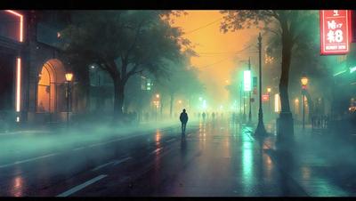 The primary subject of the image is a man walking down a rain-soaked street at night. The setting is a city street with a few other people walking around, and the visual style is a photo. The colors and mood of the image are predominantly dark, with the streetlights and the rain creating a moody atmosphere.