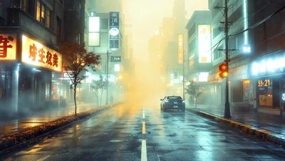 The primary subject of the image is a car driving down a rain-soaked street. The setting is a city street with tall buildings in the background. The visual style is a photo, capturing the car and the cityscape in a realistic manner. The colors and mood of the image are dominated by the rain, creating a moody and atmospheric scene.