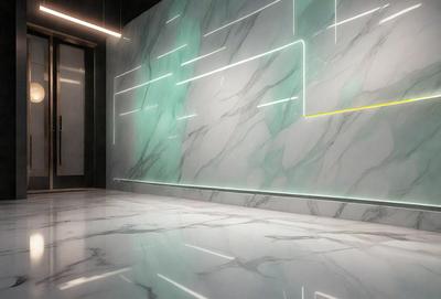 The primary subject of the image is a marble wall with a green and white pattern. The setting is a room with a marble floor, and the visual style is a photo. The colors and mood of the image are predominantly green and white, creating a clean and elegant atmosphere.