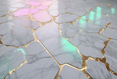 The primary subject of the image is a marble floor with a pattern of white and gold tiles. The setting is a room with a marble floor, and the visual style is a photo. The colors and mood of the image are predominantly white and gold, giving it a luxurious and elegant appearance.