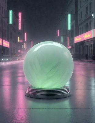 The primary subject of the image is a large, glowing green sphere. The setting is a city street at night, with a pink glow illuminating the area. The visual style appears to be a digital art or illustration, creating a unique and captivating atmosphere. The colors and mood of the image are predominantly pink and green, giving the scene a vibrant and lively feel.