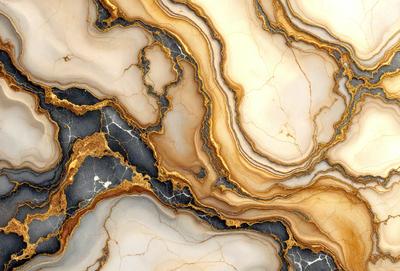 The primary subject of the image is a marble-like pattern with gold and black colors. The setting is a marble-like surface, which could be a wall or a countertop. The visual style is a close-up of the marble pattern, showcasing its intricate details. The colors and mood of the image are elegant and sophisticated, with the gold and black colors creating a luxurious and timeless atmosphere.